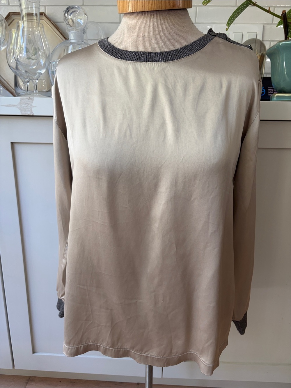 Fabiana Filippi Long Sleeve Crewneck Satin Finish Blouse with silver knit trim